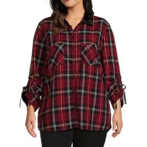 John Mark Plaid Velvet Collar 3/4 Cinched Tie Sleeve Button Front Tunic Sz L NWT